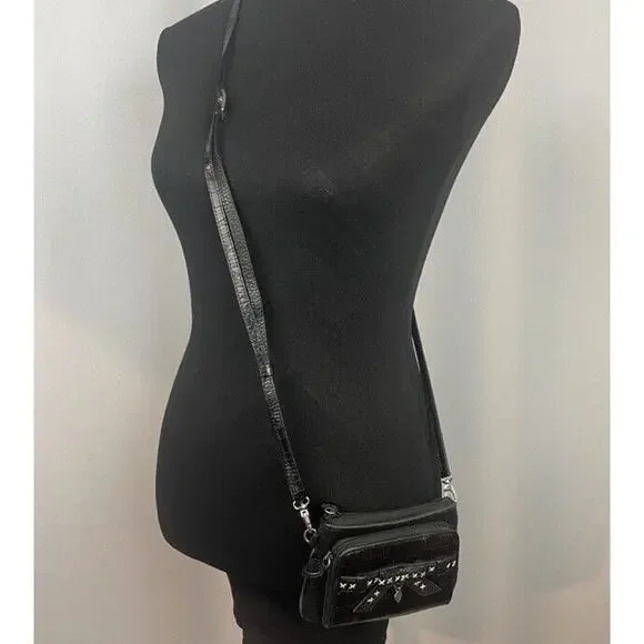 Brighton Black Leather Crossbody Bag Tri Fold Wallet on a String Removable Strap - Picture 3 of 14